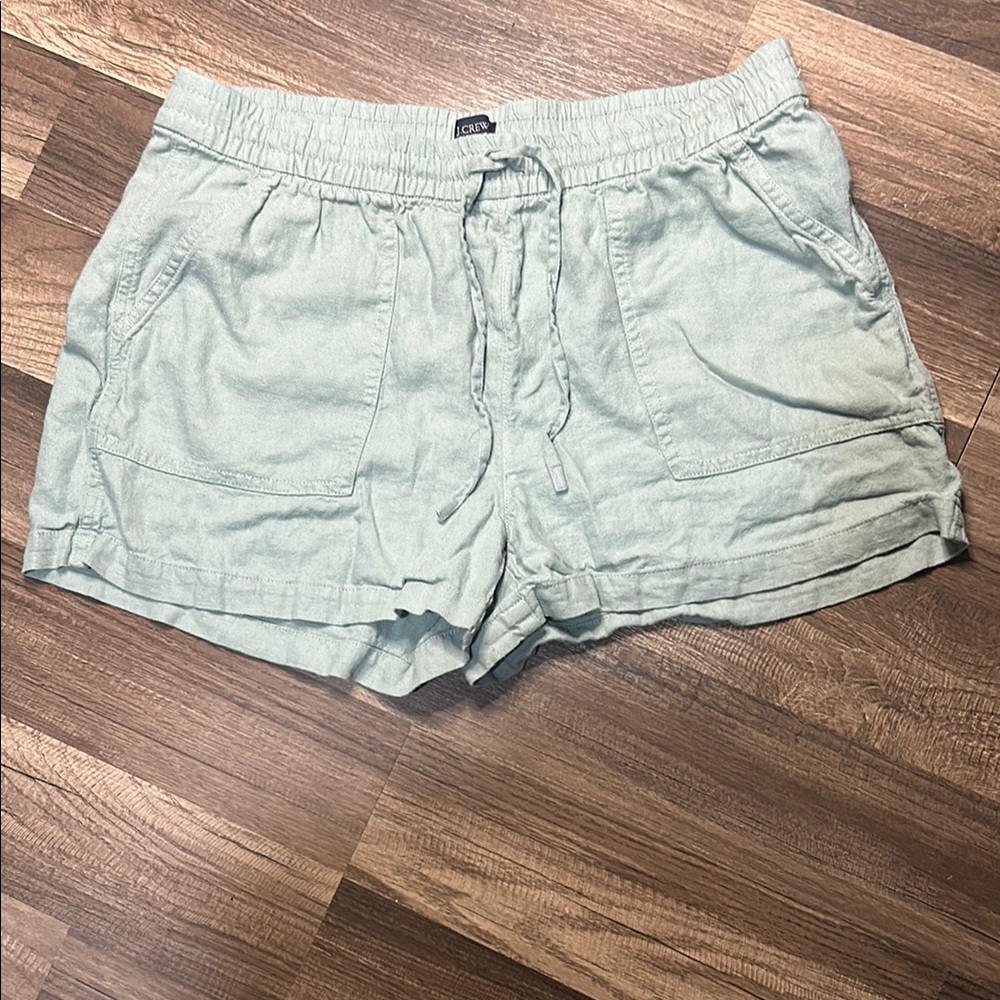 J Crew Linen Blend Drawstring Shorts Womens Size L Sage Green Preppy Beach